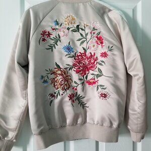 Forever 21 Satin Embroidered Flower Bomber Jacket, Size Medium, Neutral